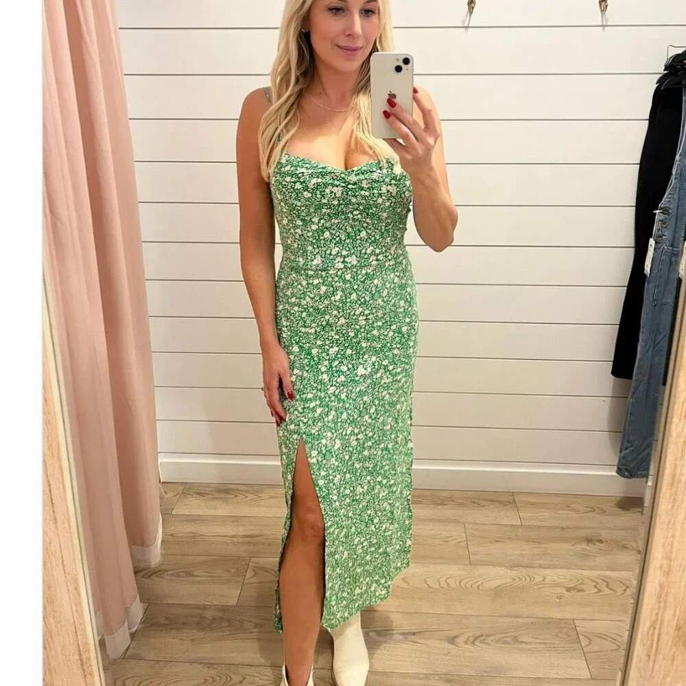 Zara Floral Midi Dress with Slit Green Size Large Blogger Fav